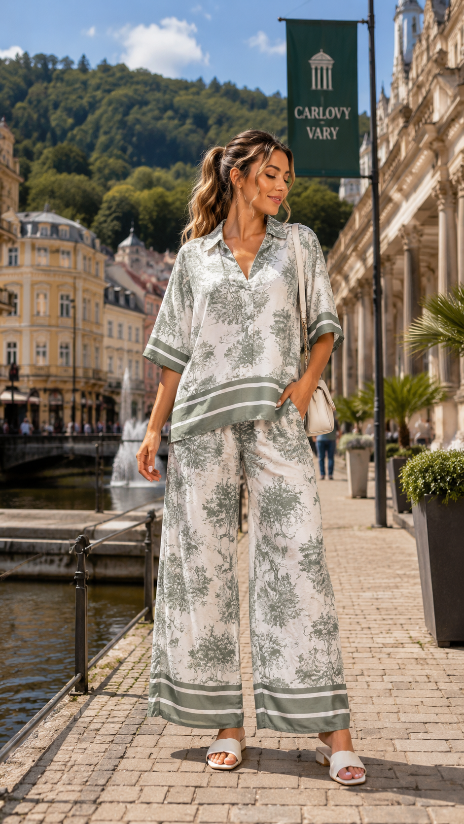 Set damă Madzerini SAFARI olive imprimeu floral alb-verde, vedere laterală.