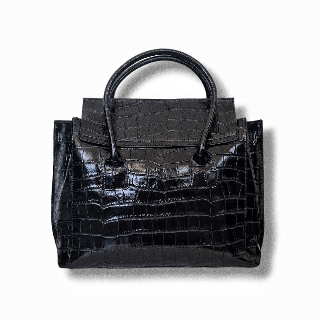 Geantă damă din piele naturală Parma Black Crocco Big Tote – Negru Croco | Made in Italy