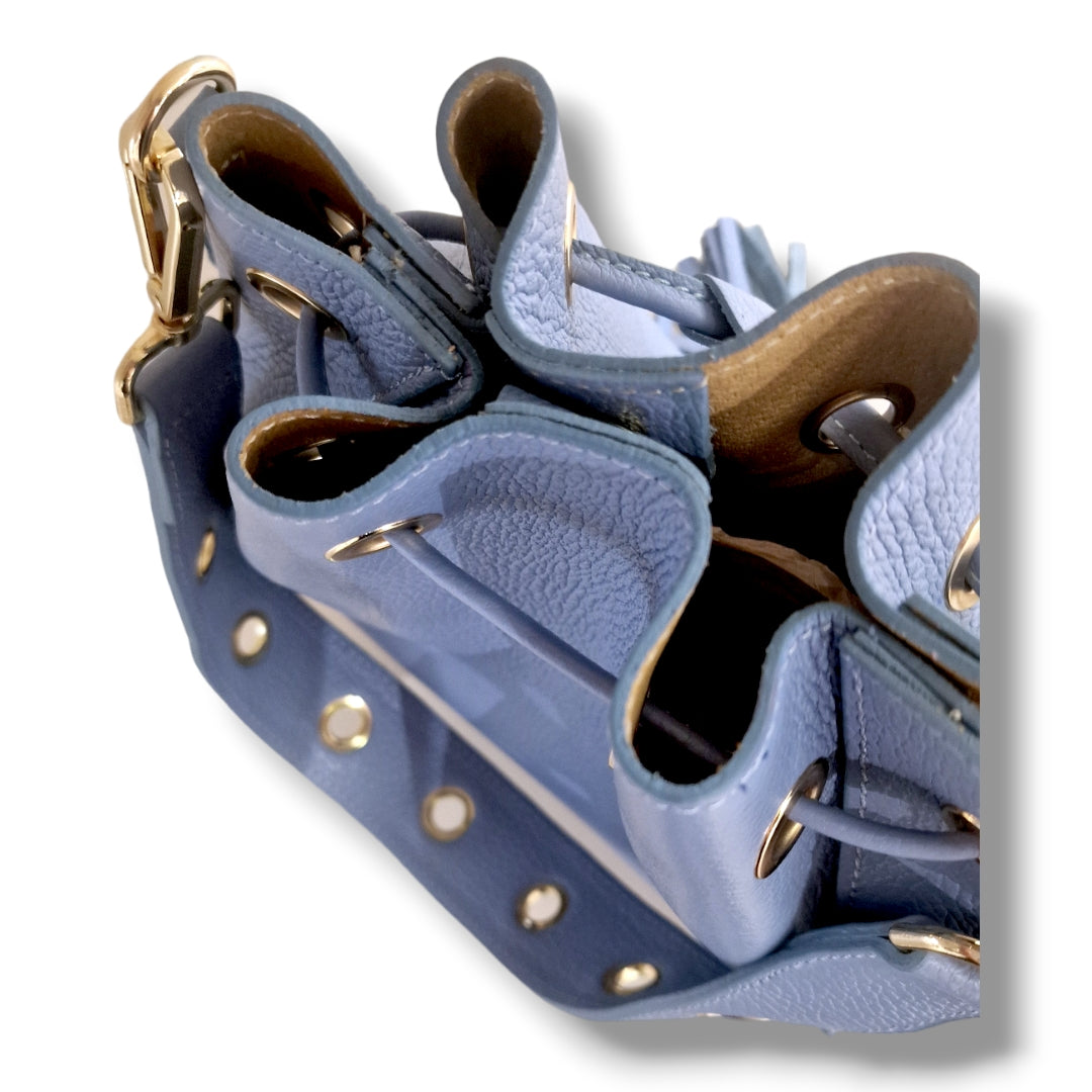 Geantă damă din piele naturală Sole Middle Light Blue – Bucket Bag Bleu | Made in Italy