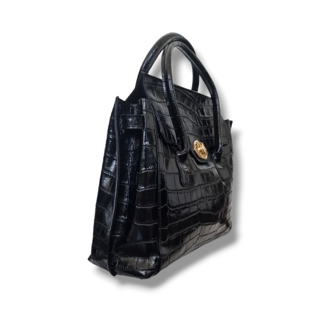 Geantă damă din piele naturală Parma Black Crocco Big Tote – Negru Croco | Made in Italy