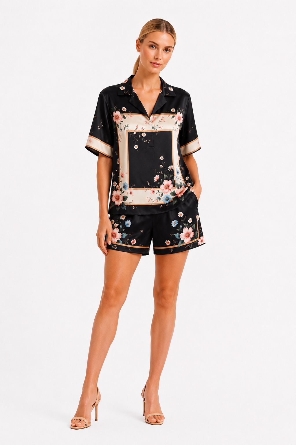 Set damă din satin negru Madzerini cu model floral și margini bej, vedere laterală.