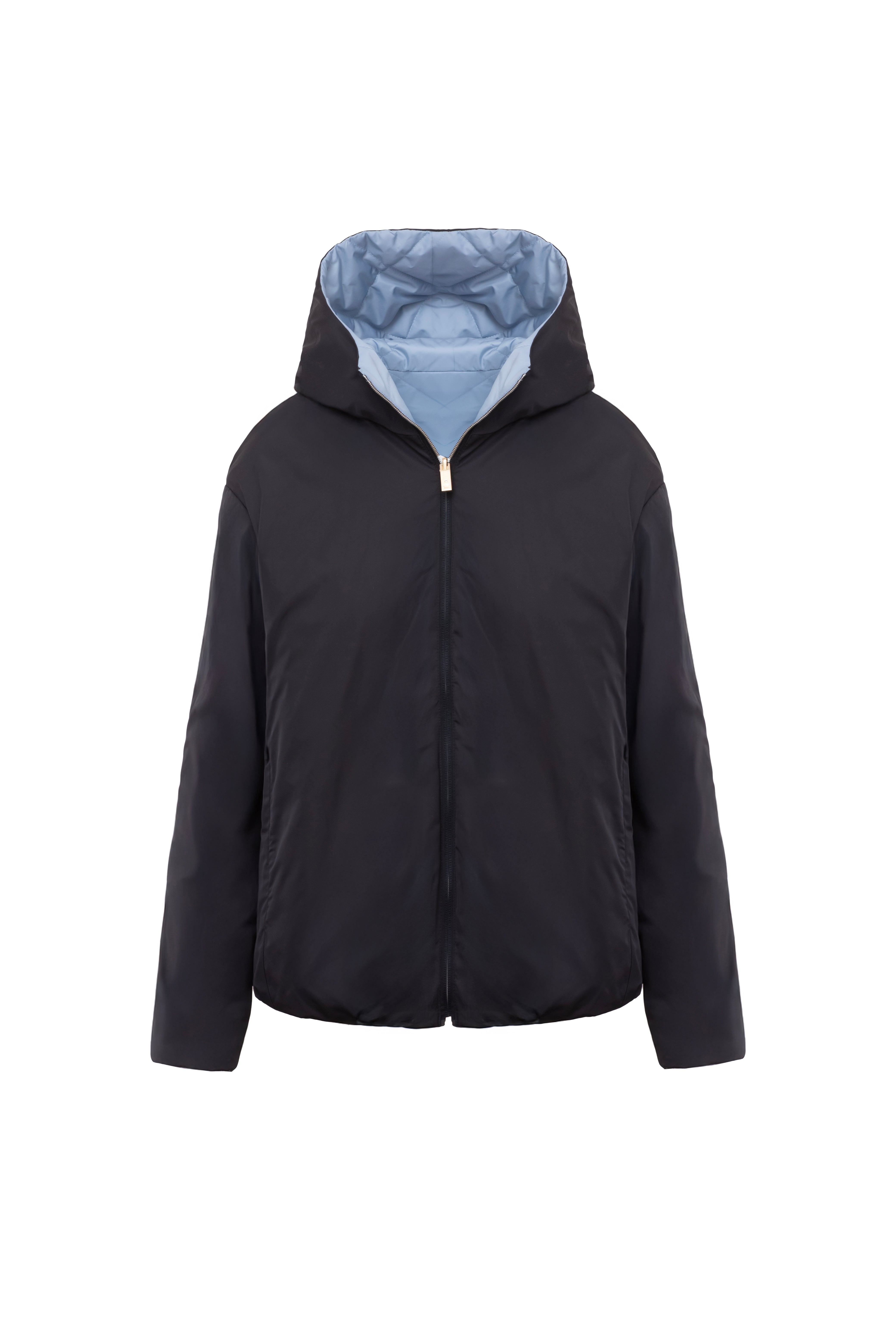 Geacă damă reversibilă Madzerini, Dark Navy cu interior Dusty Blue, matlasată, cu glugă.