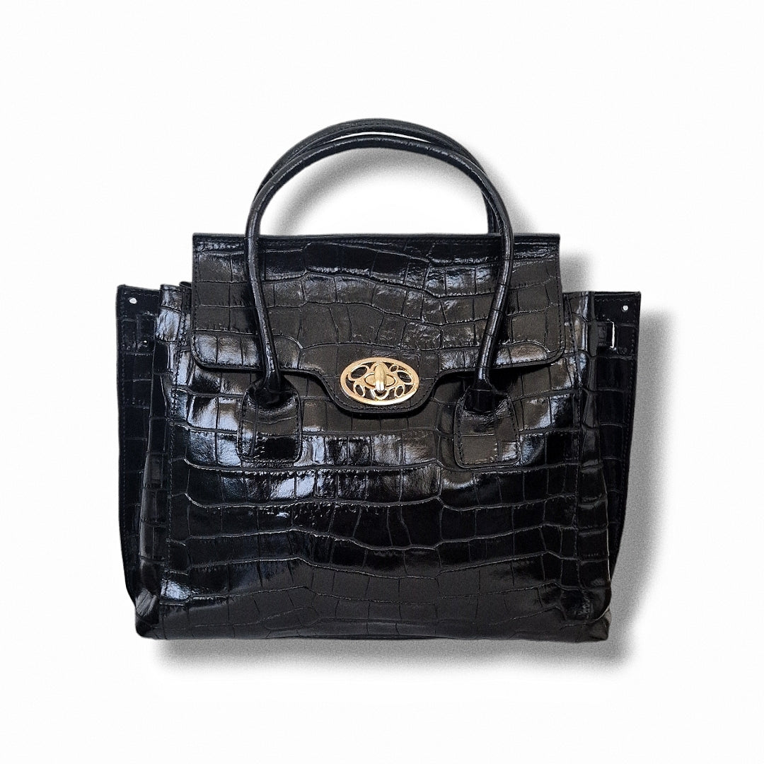 Geantă damă din piele naturală Parma Black Crocco Big Tote – Negru Croco | Made in Italy