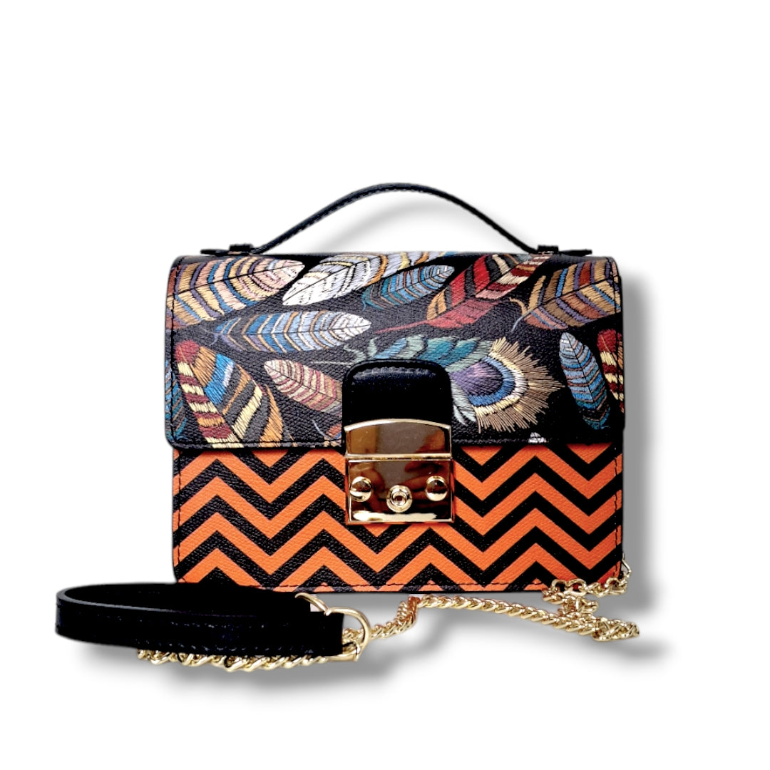Geantă damă din piele naturală Case Orange Zigzag & Feathers Crossbody | Made in Italy