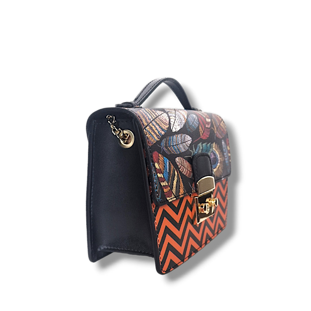 Geantă damă din piele naturală Case Orange Zigzag & Feathers Crossbody | Made in Italy