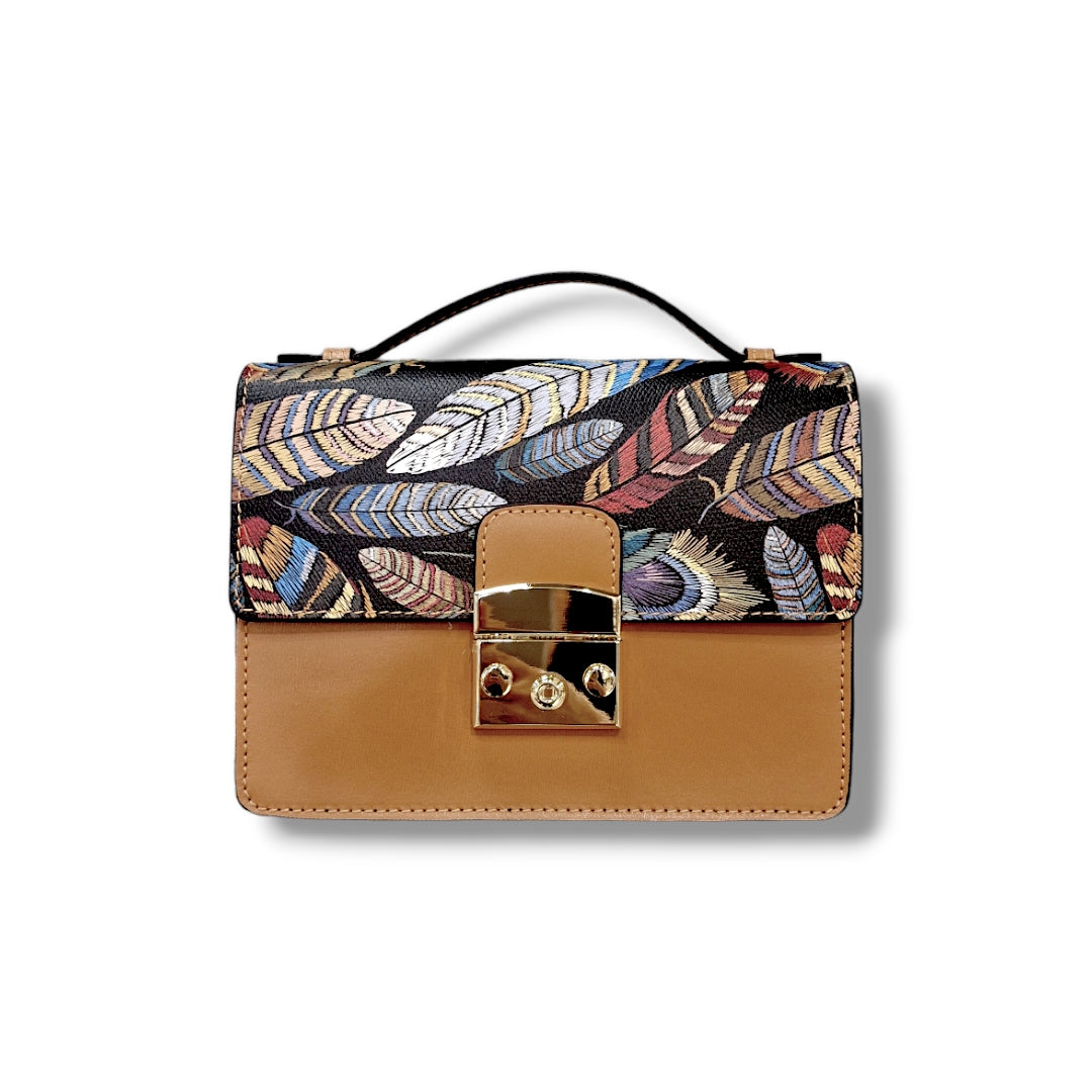 Geantă damă din piele naturală Case Black Feathers Crossbody – Black Print | Made in Italy