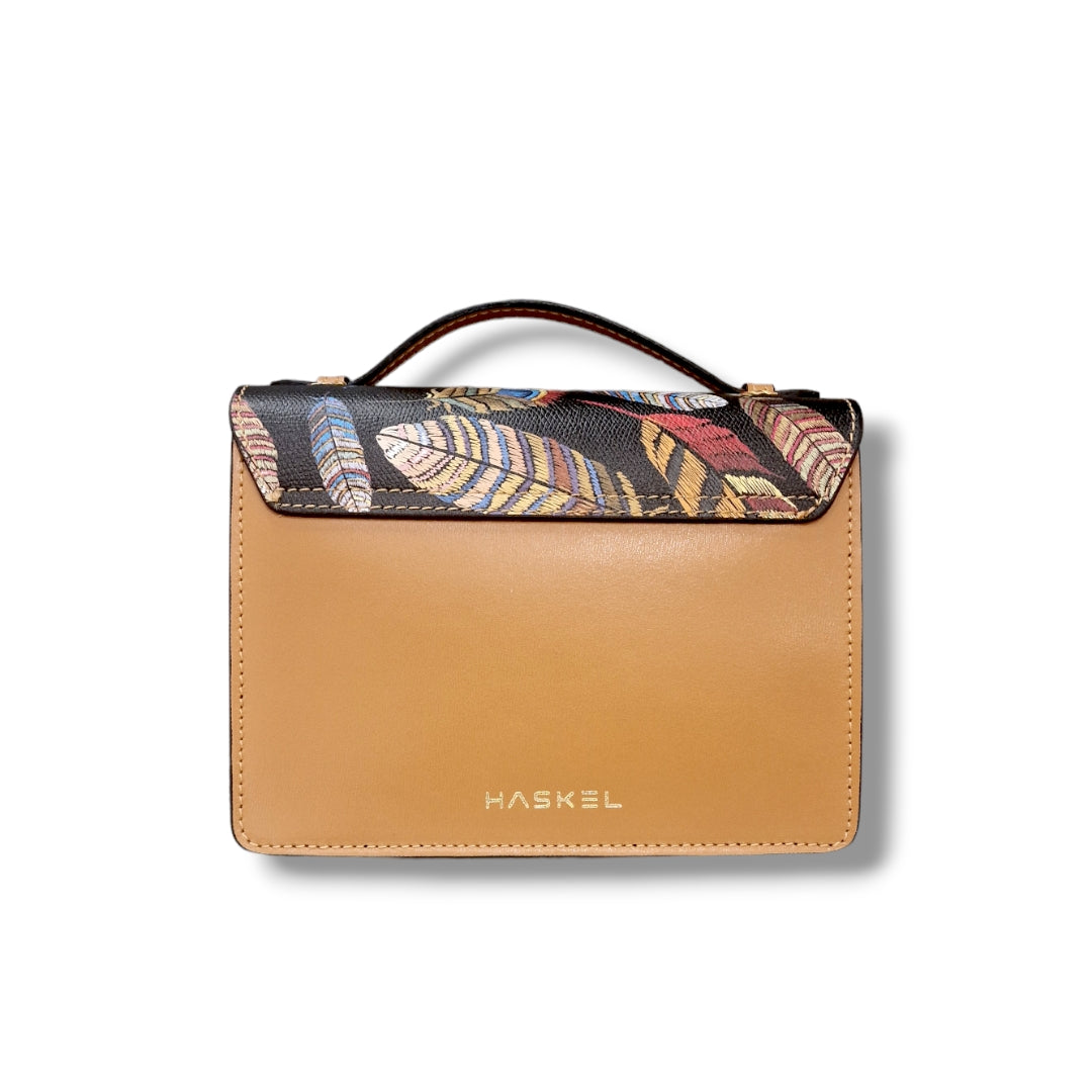 Geantă damă din piele naturală Case Black Feathers Crossbody – Black Print | Made in Italy