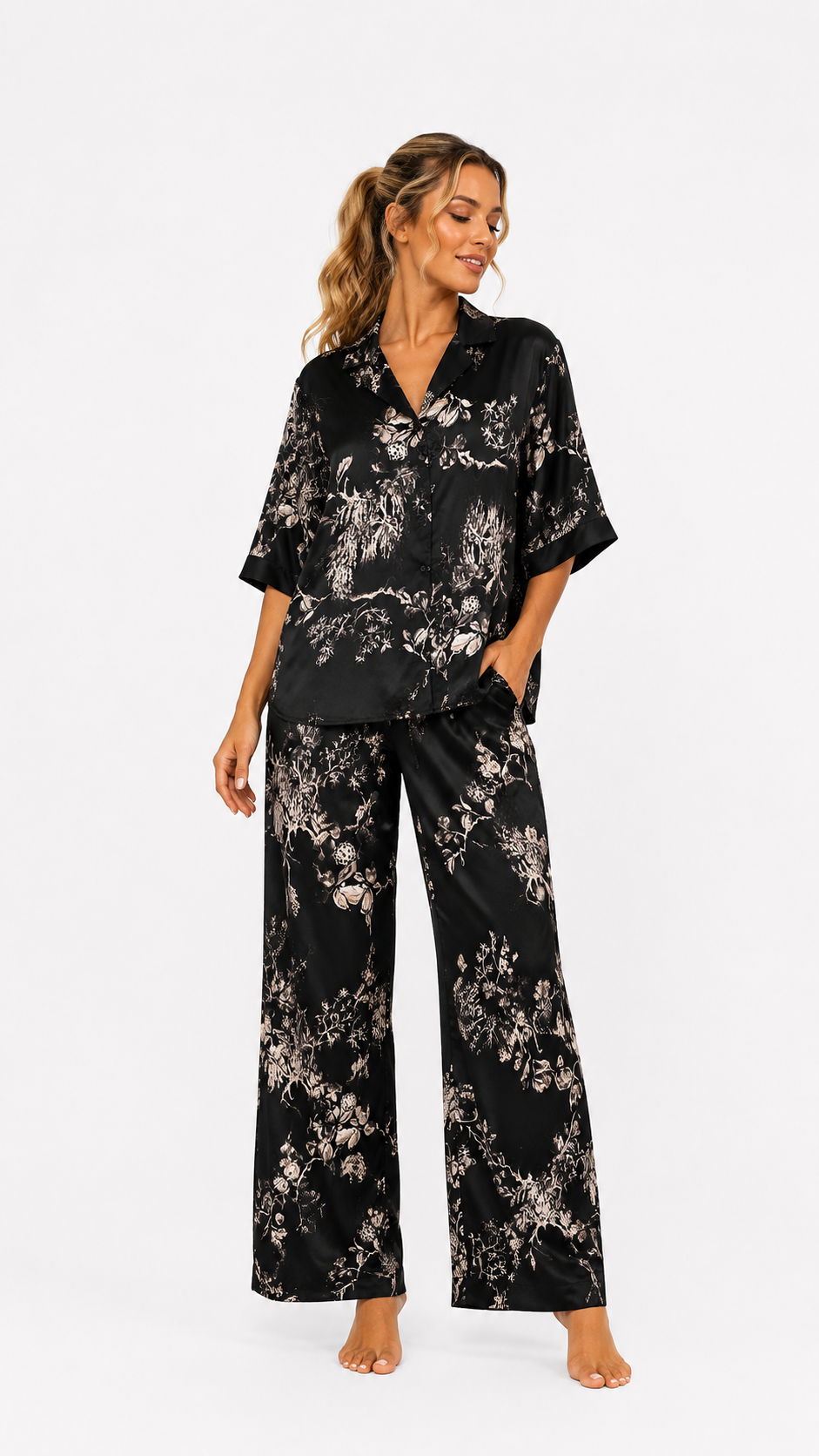 Set damă FLOWERS black Madzerini, viscoză și mătase, imprimeu floral ivory negru.