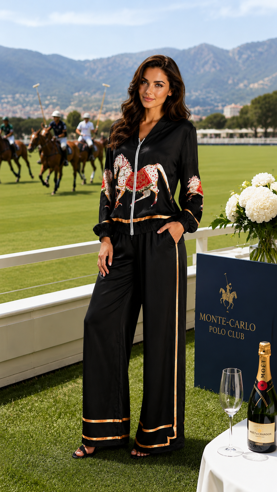 Set damă Madzerini Horse Polo negru cu detalii aurii și imprimeu cal.