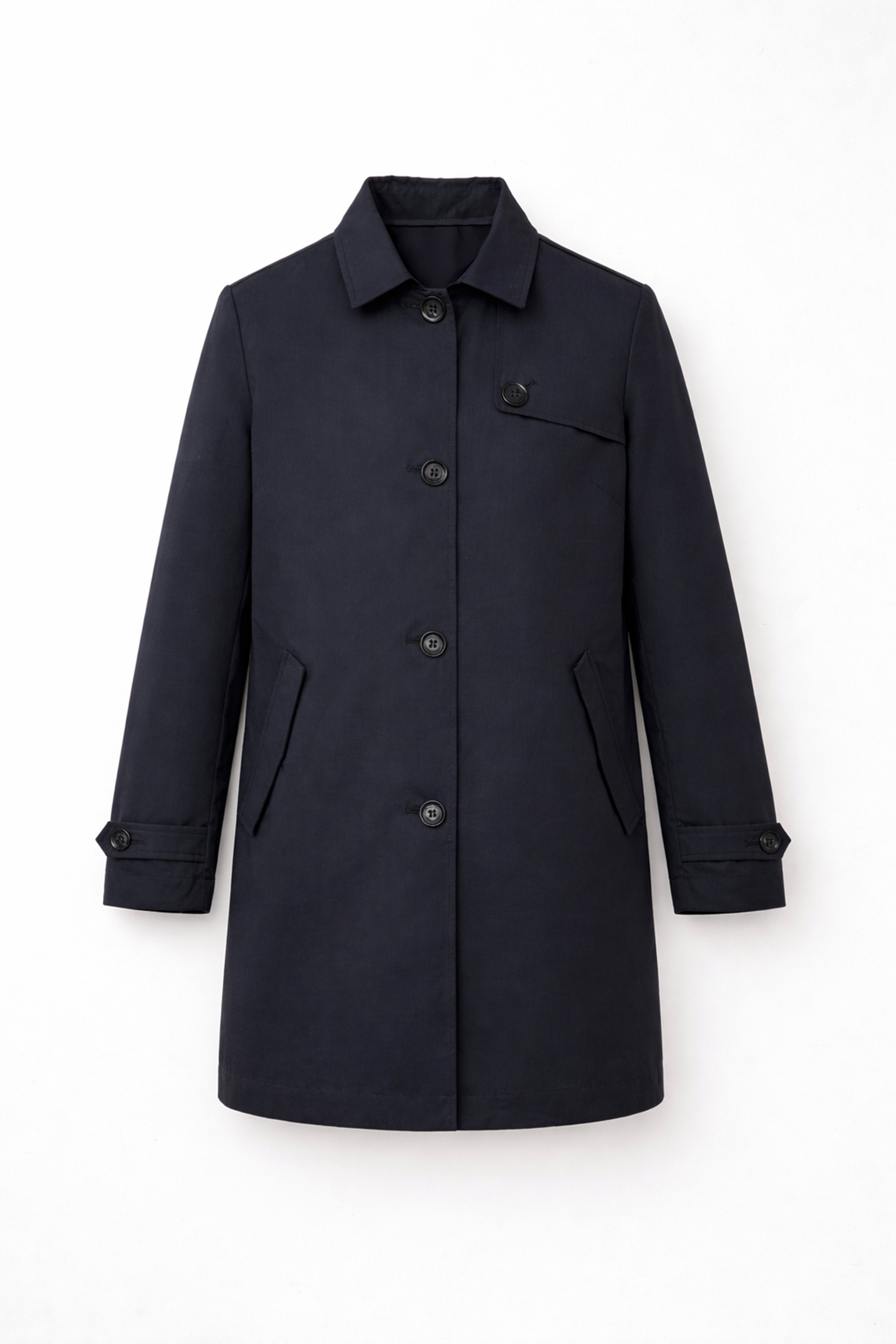 Trenci damă Madzerini dark navy cu nasturi și guler clasic.